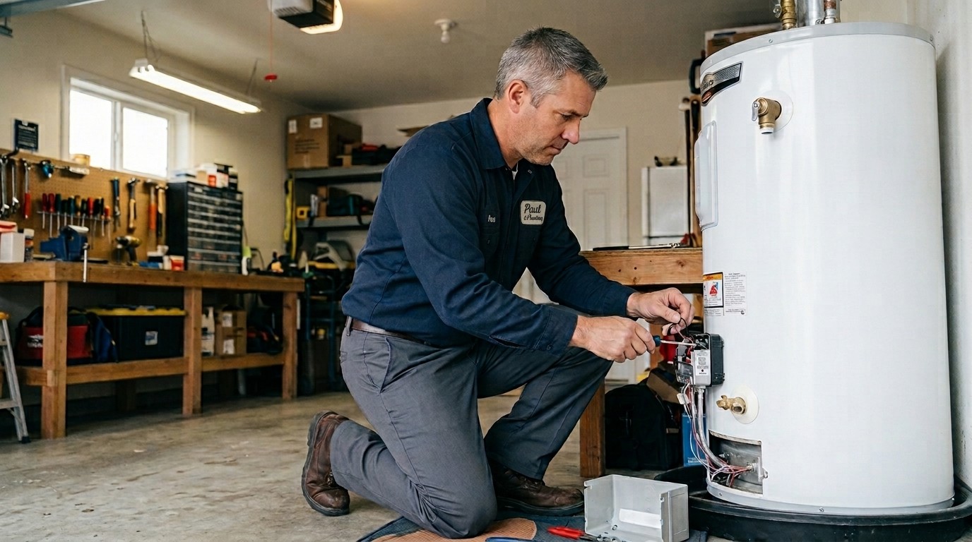 Plumber repairing water heater — missed call recovery for plumbers