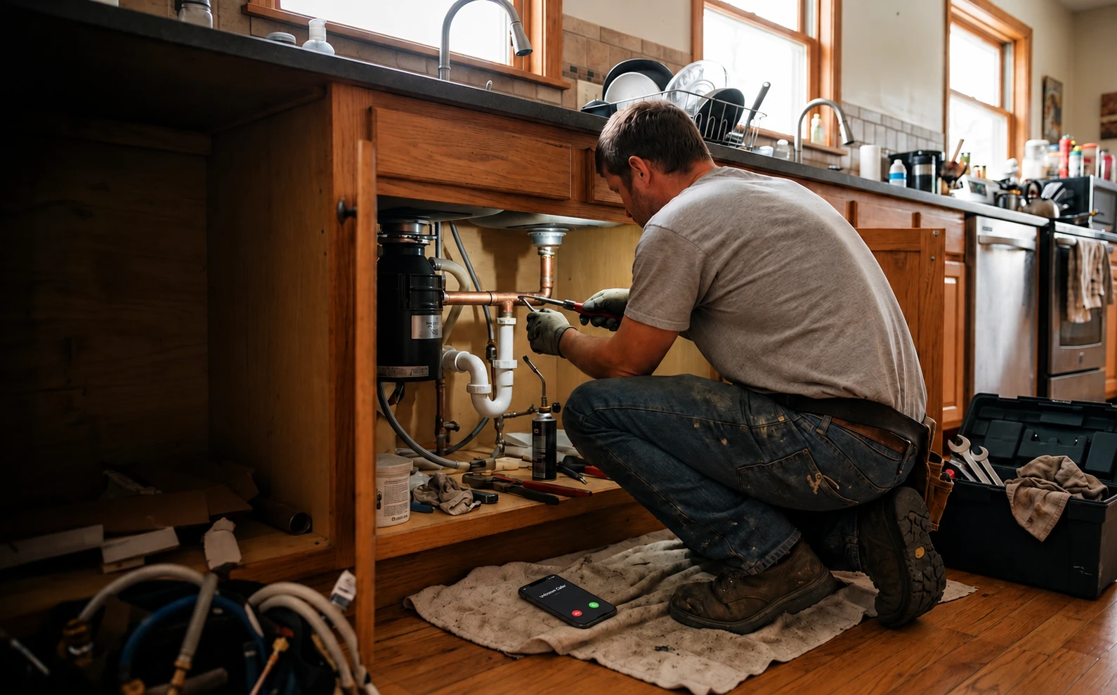 Plumber working under kitchen sink on copper pipe repair